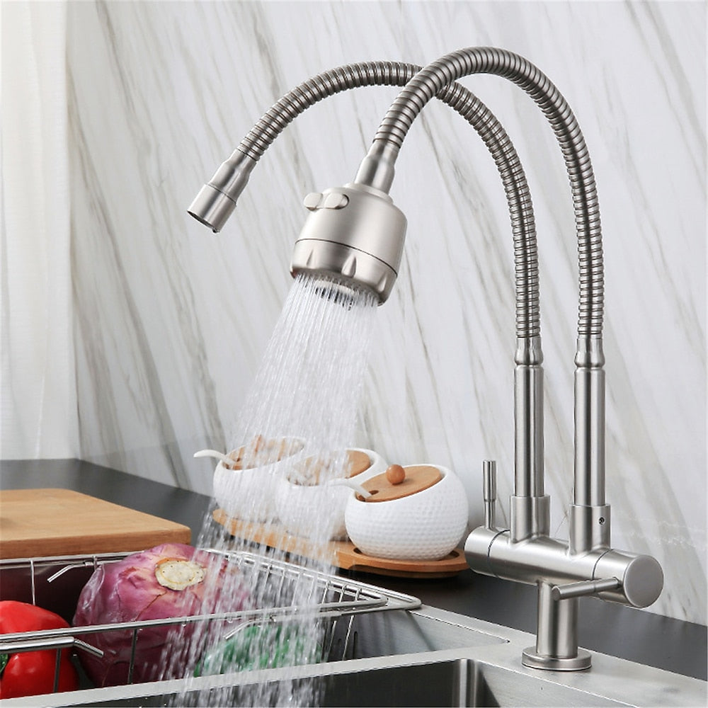 Stainless Steel Dual Spout Kitchen Faucet, Double-Handle Single-Hole Faucet