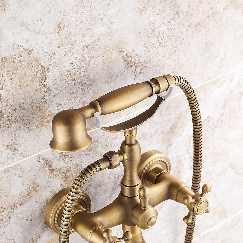 Vintage Wall-Mount Tub Faucet, Double-Handle Brass Bathtub Faucet with Telephone- Handheld Shower, Antique Brass / Matte Black