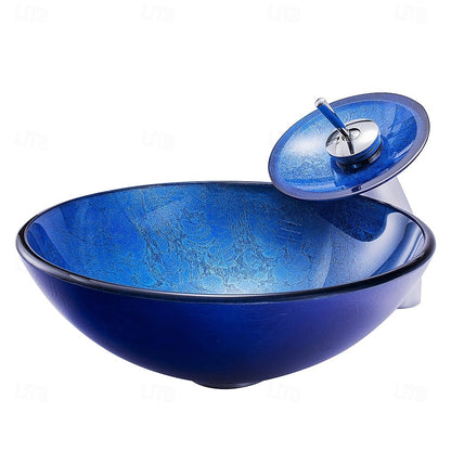 Blue Tempered Glass Vessel Sink, Chrome Single-Handle Waterfall Faucet with Pop-Up Drain / Mounting Ring