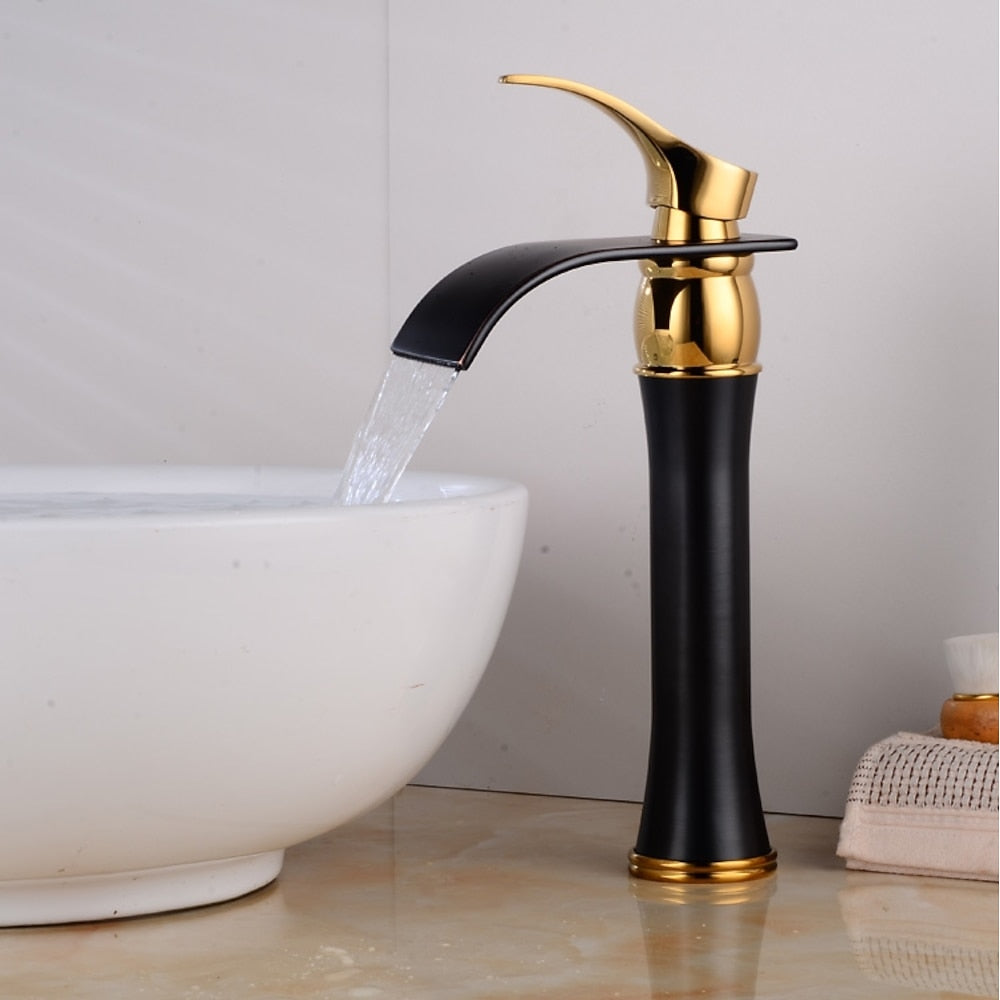 Modern Waterfall Vessel Sink Faucet, Two-Tone Matte Black Gold Single-Handle Faucet