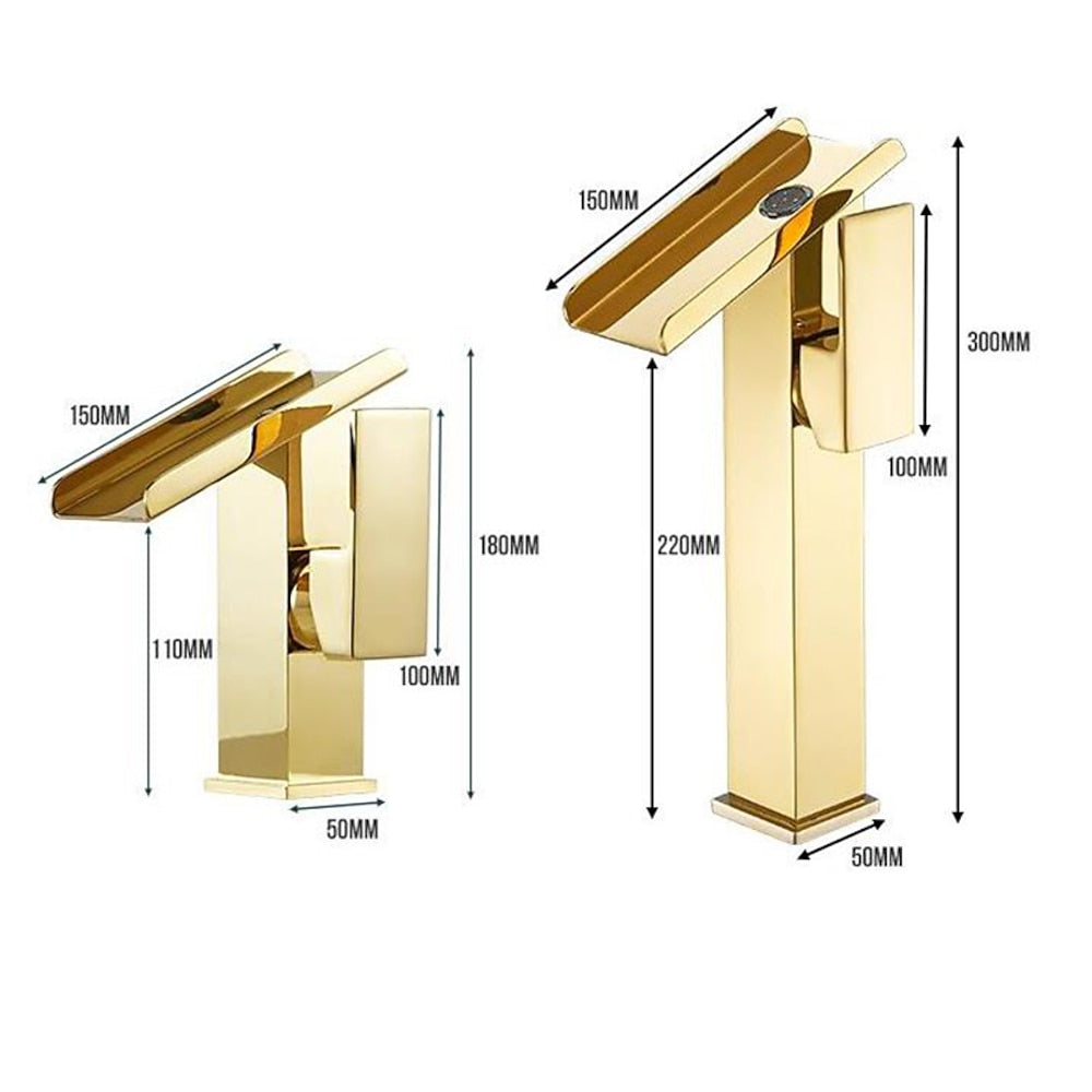 Brushed Gold Waterfall Bathroom Sink Faucet, Modern Single-Hole Single-Handle Faucet