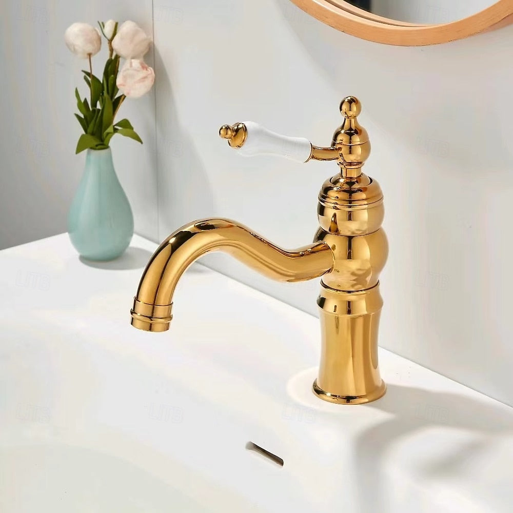 Traditional Single-Hole Bathroom Sink Faucet, Single-Handle Curved Spout Faucet with Brass Body