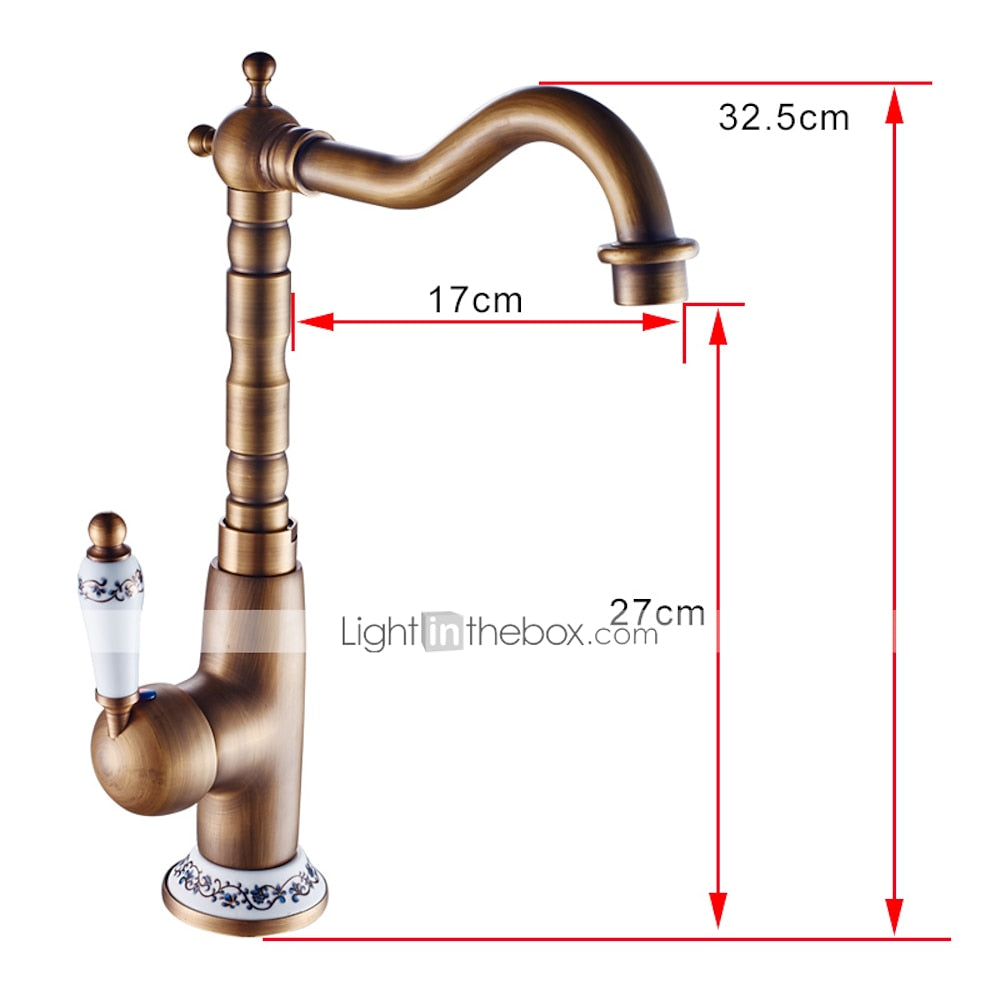 Antique Brass Traditional Single-Hole Bathroom Faucet, Single-Handle High Arc Vessel Sink Faucet with Ceramic Lever