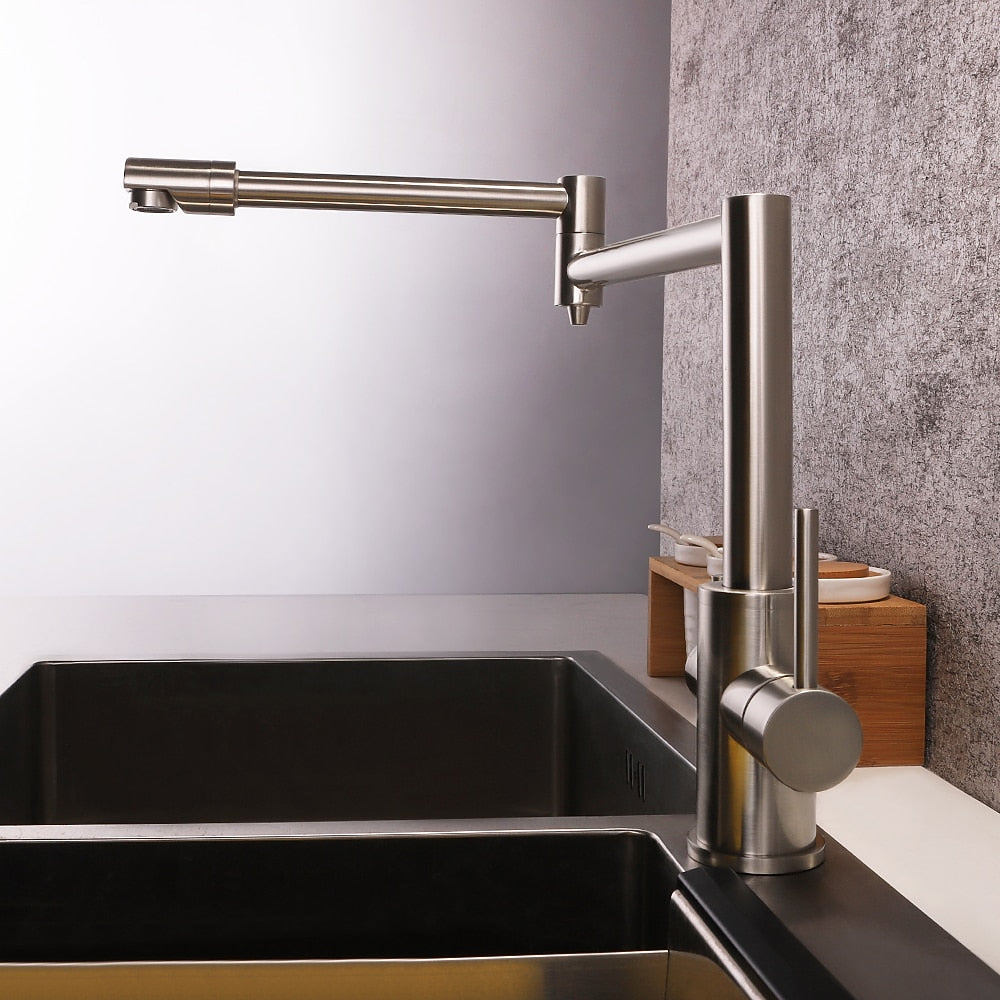 Foldable Dual-Joint Pot Filler Kitchen Faucet, Deck-Mount Single-Hole Two-Handle Faucet, Matte Black / Brushed Nickel
