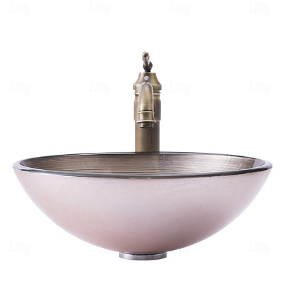 Antique Brass Single-Hole Vessel Faucet, Circular Stripe Tempered Glass Vessel Sink Combo with Pop-Up Drain / Mounting Ring