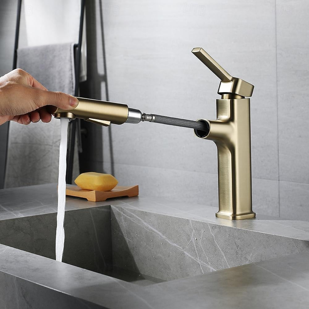 Modern Pull-Out Single-Hole Bathroom Faucet, Single-Handle Basin Faucet, Chrome / Matte Black / Brushed Gold / Gunmetal