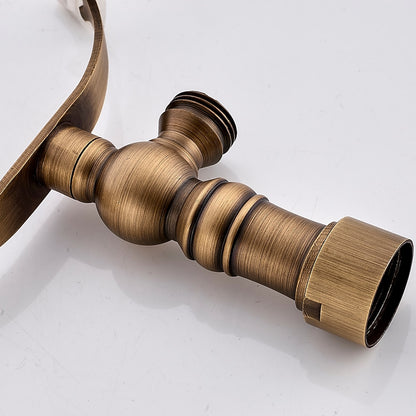 Antique Brass Wall-Mount Bathtub Faucet, Dual-Handle Tub Filler Faucet with Handshower