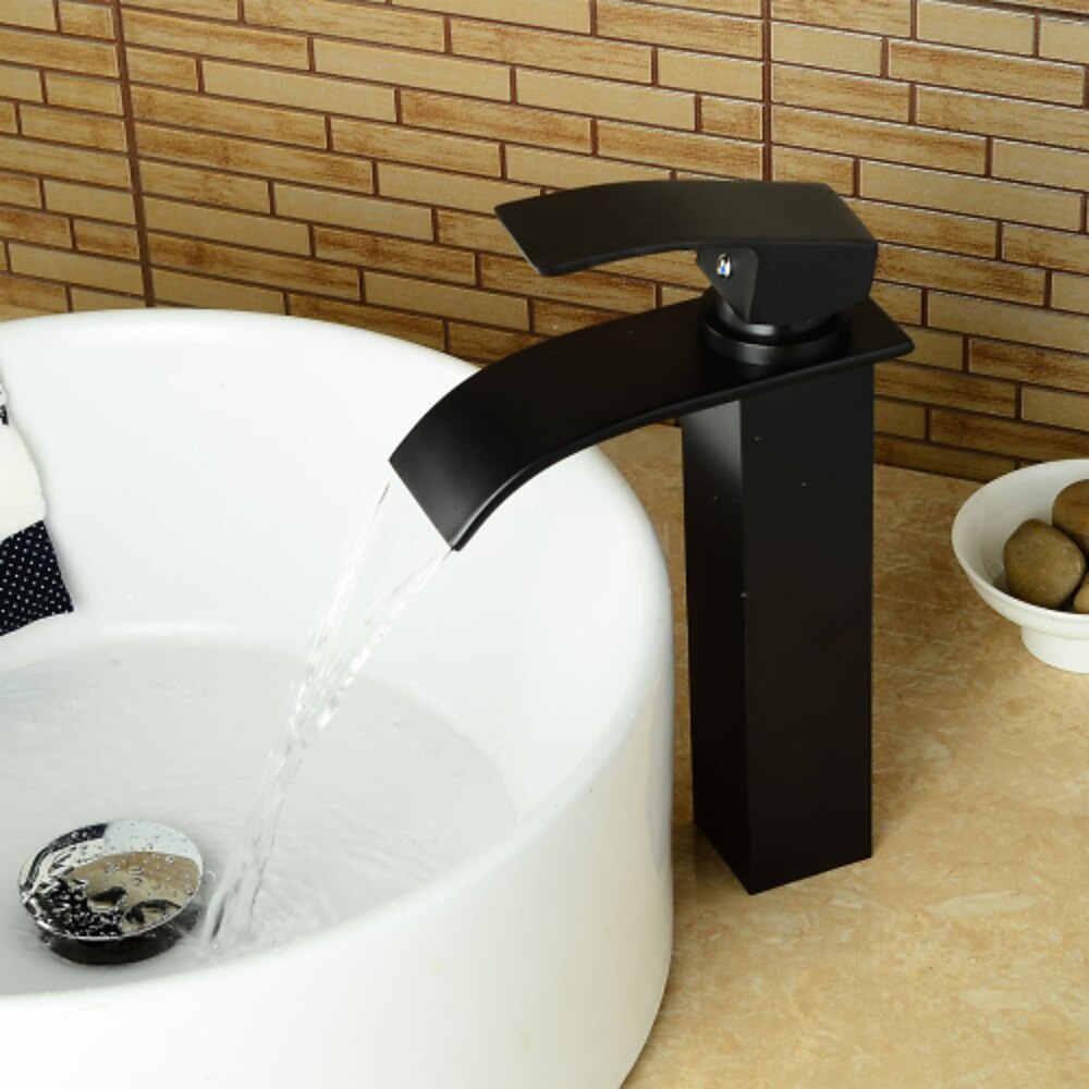Matte Black Modern Waterfall Vessel Sink Faucet, Single-Handle Single-Hole Bathroom Faucet