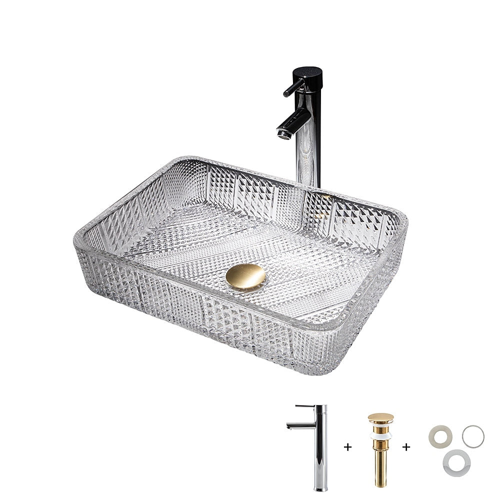 Transparent Rectangular Glass Vessel Sink, Single-Handle Chrome Faucet / Gold Pop-Up Drain Vessel Sink Set