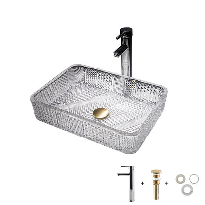 Transparent Rectangular Glass Vessel Sink, Single-Handle Chrome Faucet / Gold Pop-Up Drain Vessel Sink Set