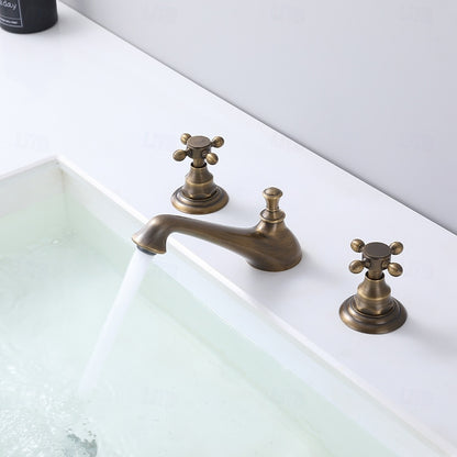 Antique Brass Traditional Widespread Bathroom Faucet, Dual Cross Handles 3-Hole Basin Tap