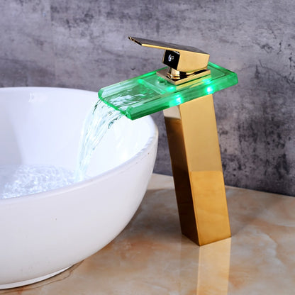 LED Waterfall Bathroom Faucet, Single-Handle Tall Body Vessel Sink Faucet, Polished Gold / Brushed Nickel / Oil-Rubbed Bronze / Chrome