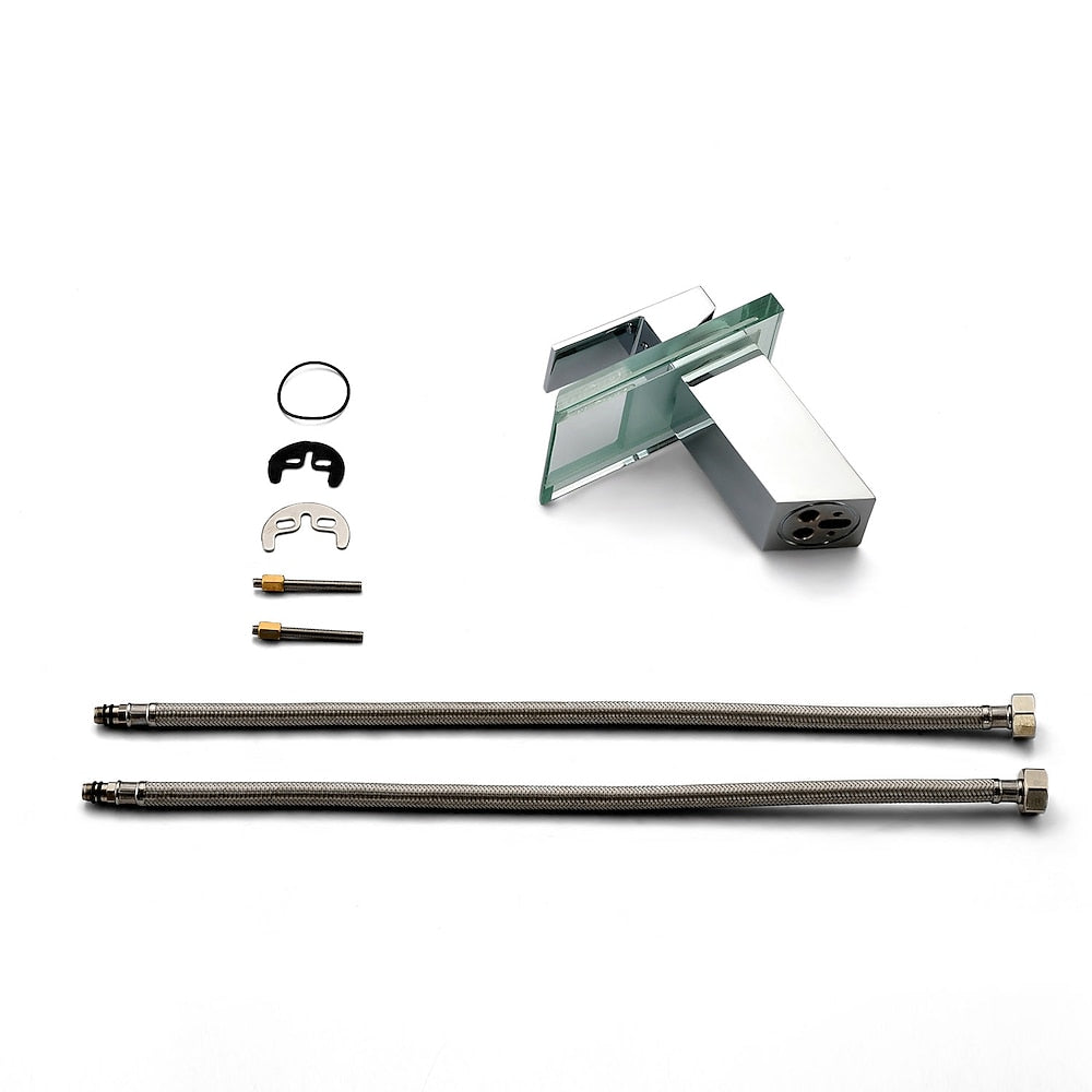 Chrome Contemporary Bathroom Faucet, Single-Handle Glass Waterfall Spout Faucet