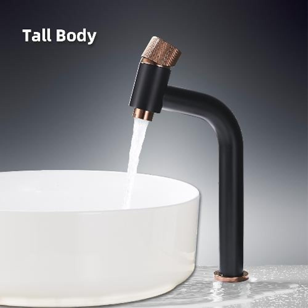 Modern Single-Hole Bathroom Faucet, Single-Handle Brass Vanity Faucet with Knurled Handle, Matte Black / Brushed Gold / Rose Gold