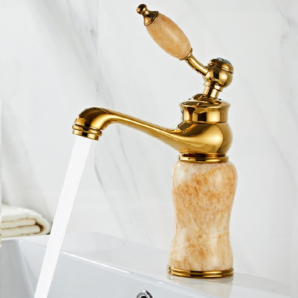 Jade Insert Bathroom Faucet, Modern Single-Hole Single-Handle Brass Faucet, Gold / White / Black