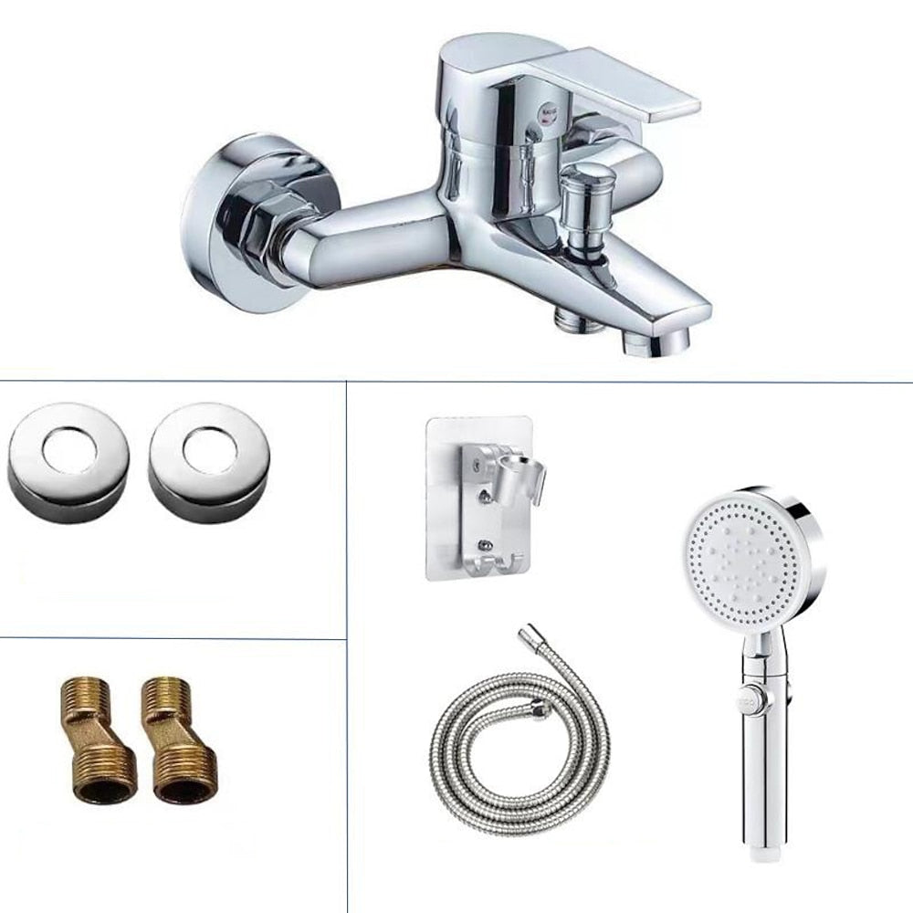 Modern Chrome Wall-Mount Tub Faucet, Single-Handle Brass Tub Filler with Handheld Shower