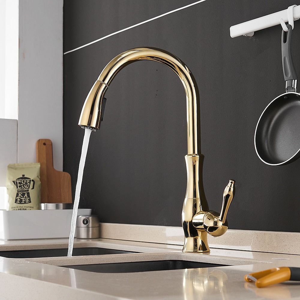 Pull-Down High Arc Kitchen Faucet, Single-Handle Brass Faucet, Brushed Nickel / Polished Gold / Chrome