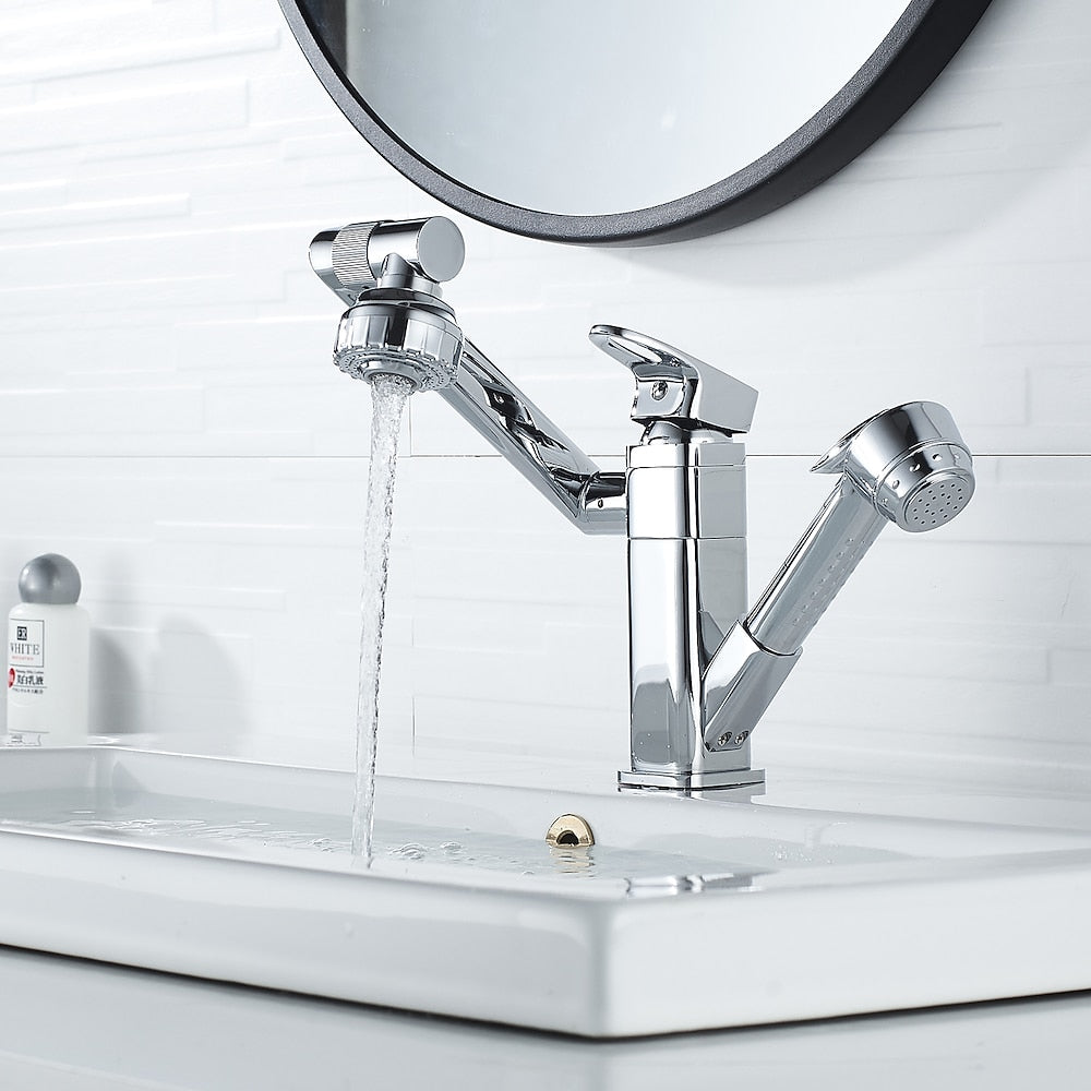 Chrome Single-Hole Bathroom Sink Faucet, Pull-Out Swivel Spout Faucet