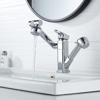 Chrome Single-Hole Bathroom Sink Faucet, Pull-Out Swivel Spout Faucet