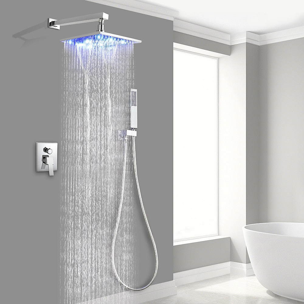 LED Rainfall Shower Faucet System, Wall-Mount Single-Handle Shower Faucet with Handheld Shower, Matte Black / Chrome