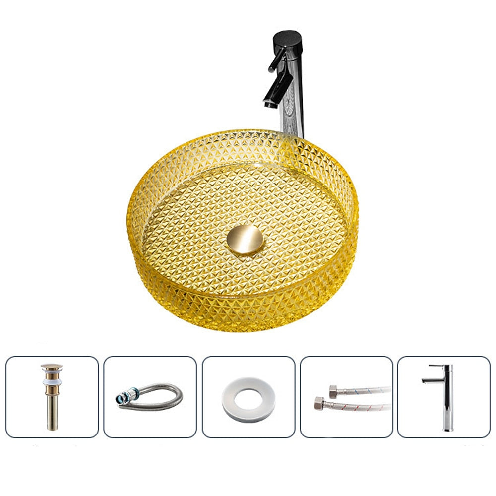 Modern Round Tempered Glass Vessel Bathroom Sink, Vanity Wash Basin Set with Chrome Faucet