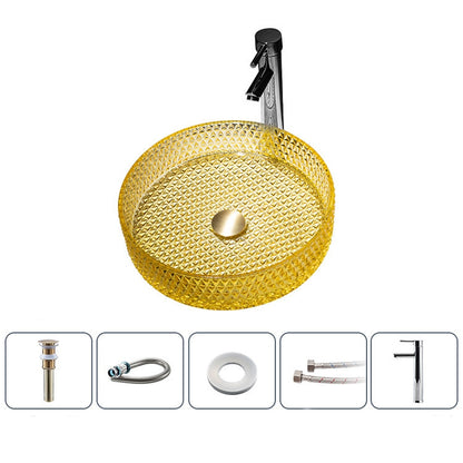 Modern Round Tempered Glass Vessel Bathroom Sink, Vanity Wash Basin Set with Chrome Faucet