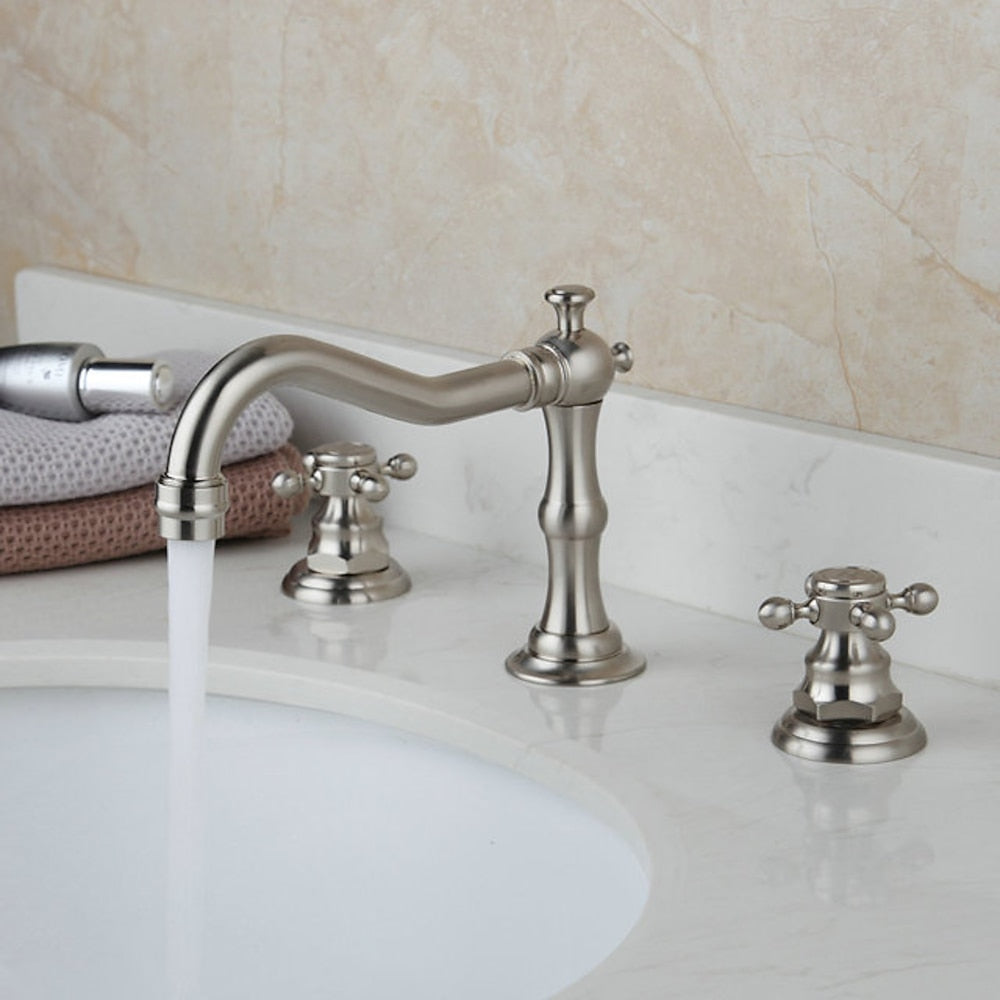 Traditional Brass Widespread Bathroom Faucet, Dual Cross Handle Vanity Faucet, Antique Brass / Brushed Nickel / Chrome / Oil-Rubbed Bronze / Matte Black