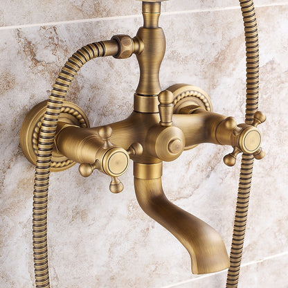 Vintage Wall-Mount Tub Faucet, Double-Handle Brass Bathtub Faucet with Telephone- Handheld Shower, Antique Brass / Matte Black