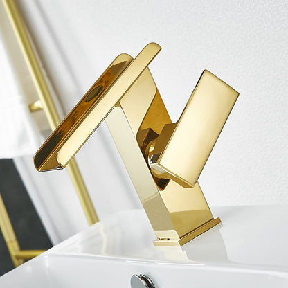 Brushed Gold Waterfall Bathroom Sink Faucet, Modern Single-Hole Single-Handle Faucet