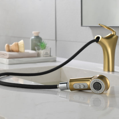 Pull-Out Single-Hole Bathroom Faucet, Single-Handle Brass Faucet, Brushed Gold / Matte Black / Matte White / Chrome / Gunmetal
