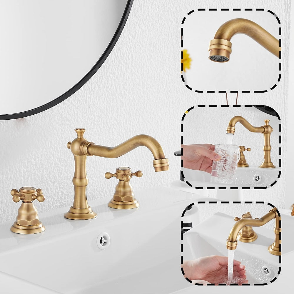 Traditional Brass Widespread Bathroom Faucet, Dual Cross Handle Vanity Faucet, Antique Brass / Brushed Nickel / Chrome / Oil-Rubbed Bronze / Matte Black