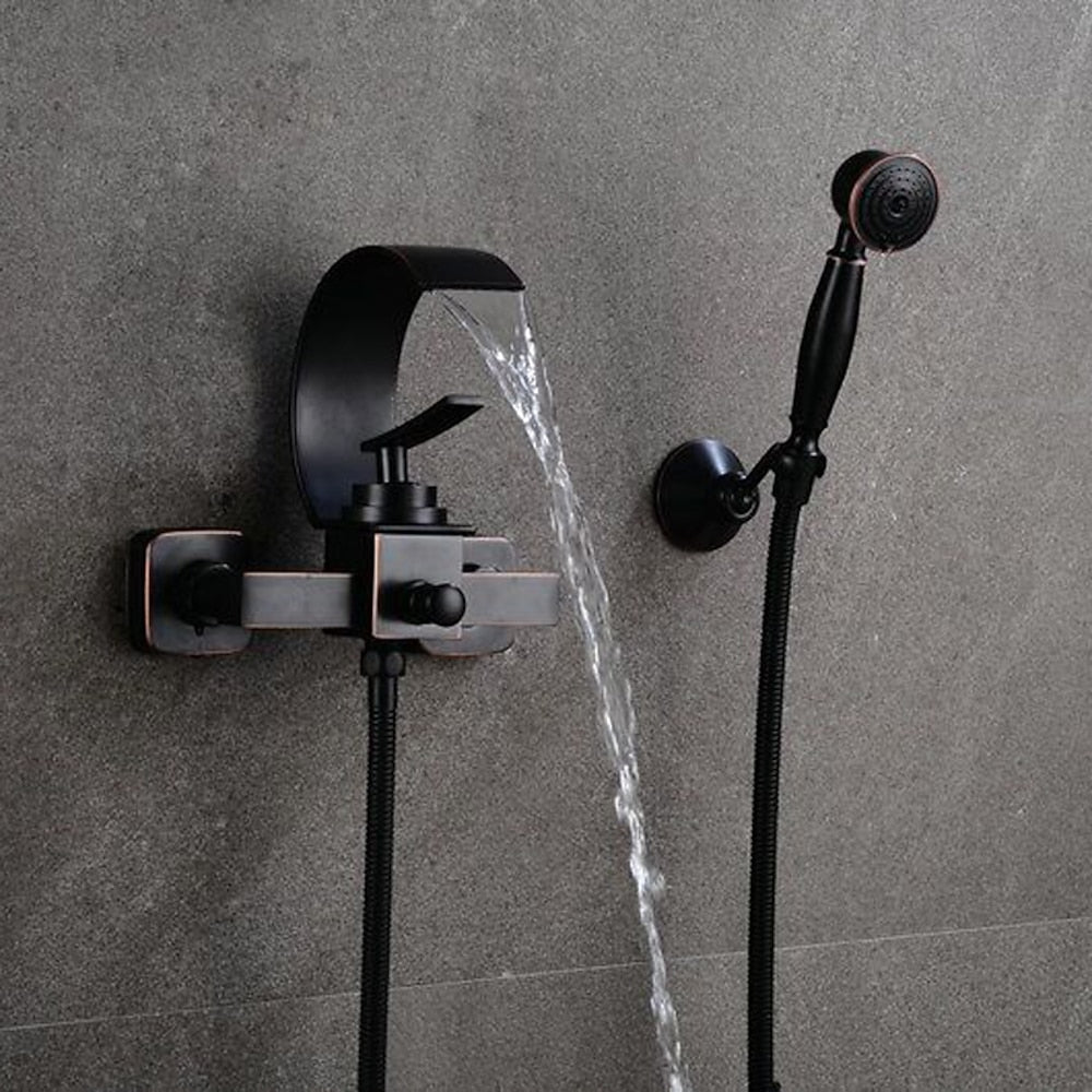 Waterfall Modern Wall-Mount Bathtub Faucet, Single-Handle Tub Filler Faucet with Handheld Shower, Oil-Rubbed Bronze / Chrome