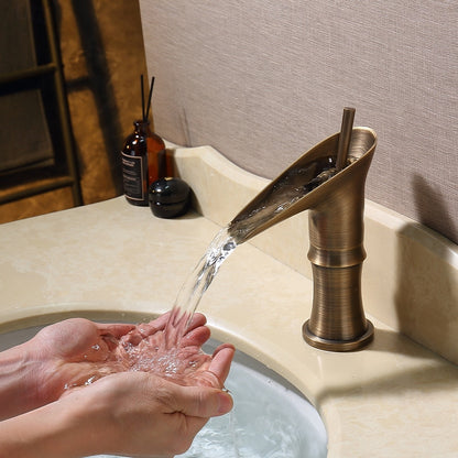Waterfall Antique Brass Bathroom Sink Faucet, Single-Handle Single-Hole Faucet