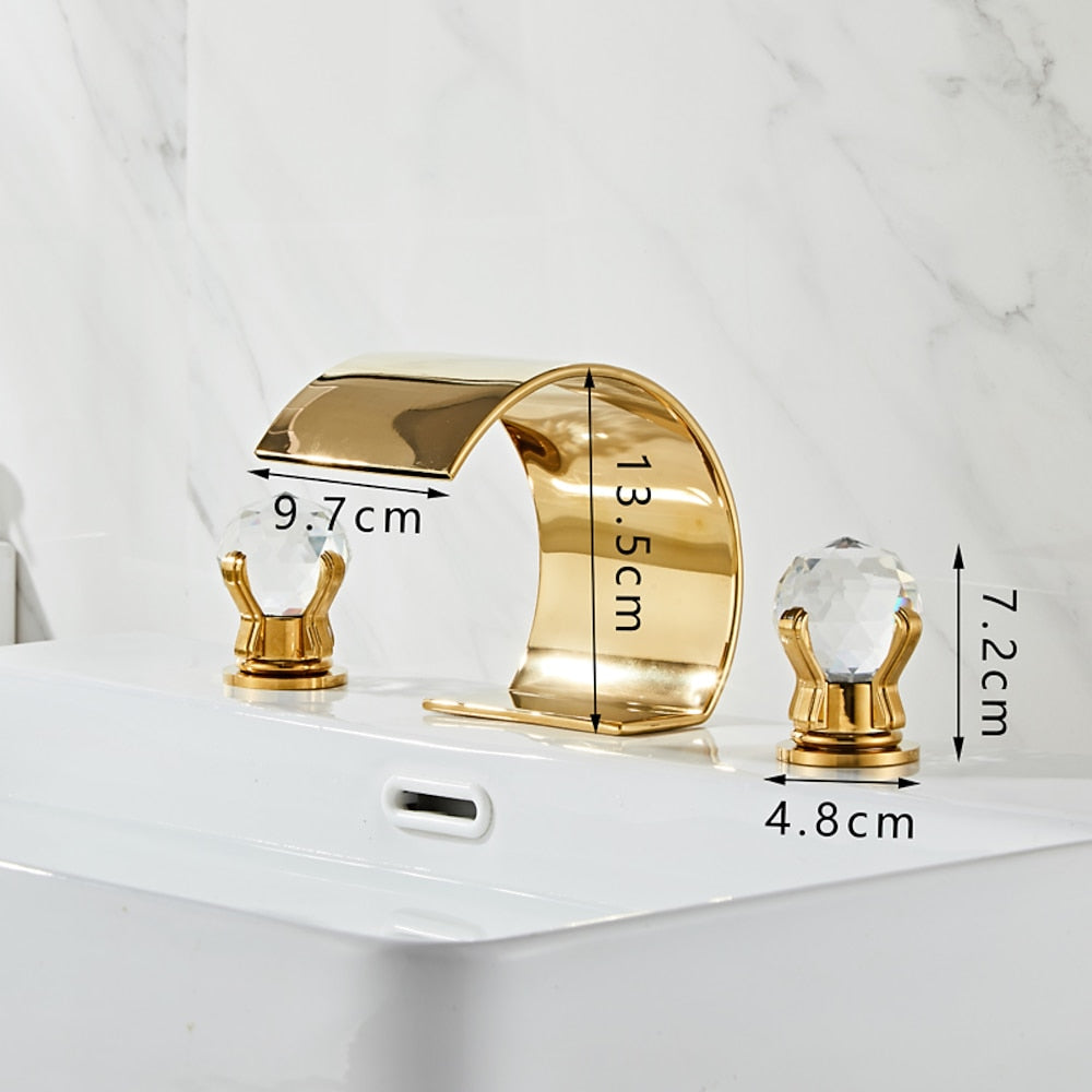 Waterfall Widespread Bathroom Faucet, 3-Hole Dual Crystal Knob Handle Faucet, Chrome / Matte Black / Polished Gold / Brushed Nickel