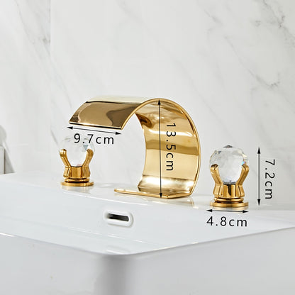 Waterfall Widespread Bathroom Faucet, 3-Hole Dual Crystal Knob Handle Faucet, Chrome / Matte Black / Polished Gold / Brushed Nickel
