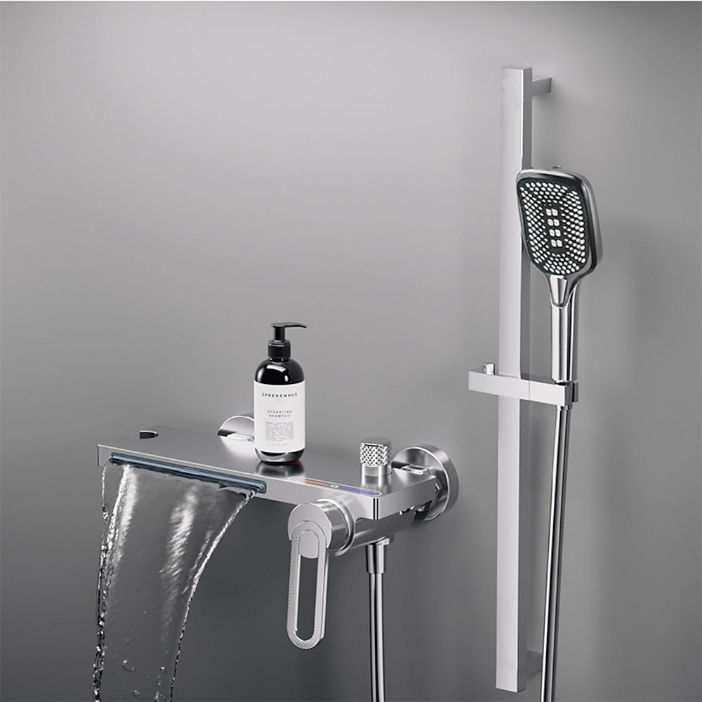 Modern Waterfall Wall-Mount Tub Faucet, Single-Handle Bath Faucet with Handheld Shower, Brushed Gold / Matte Black / Chrome / Matte White / Gunmetal