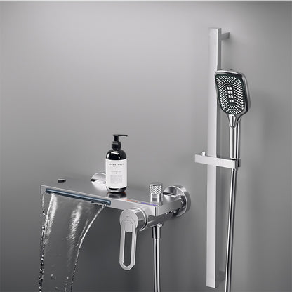 Modern Waterfall Wall-Mount Tub Faucet, Single-Handle Bath Faucet with Handheld Shower, Brushed Gold / Matte Black / Chrome / Matte White / Gunmetal
