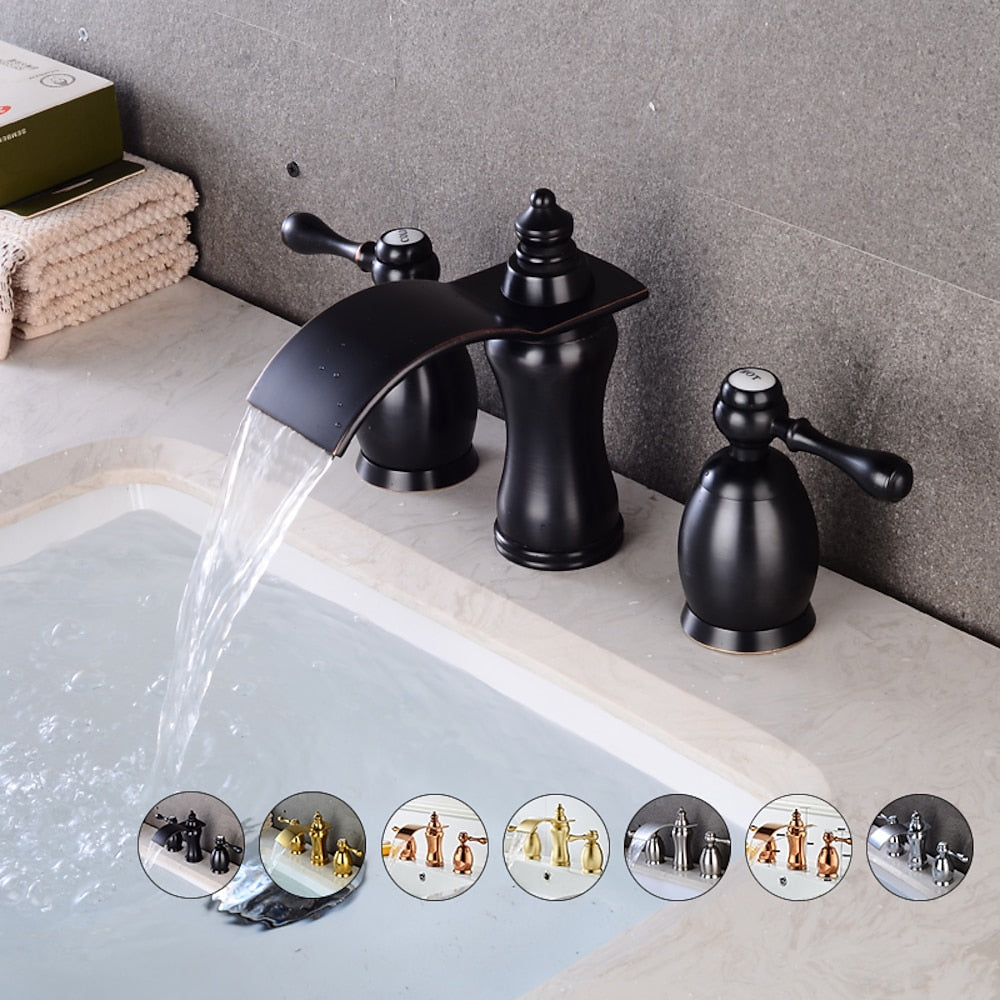 Waterfall 3-Hole Widespread Bathroom Faucet, Traditional Dual-Handle Sink Faucet, Matte Black / Rose Gold / Brushed Gold / Brushed Nickel / Chrome