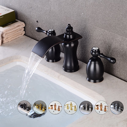 Waterfall 3-Hole Widespread Bathroom Faucet, Traditional Dual-Handle Sink Faucet, Matte Black / Rose Gold / Brushed Gold / Brushed Nickel / Chrome
