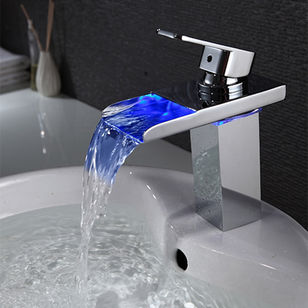 LED Waterfall Single-Hole Bathroom Faucet, Modern Single-Handle Brass Faucet, Chrome / Matte Black / Rose Gold / Polished Gold / Brushed Nickel / Brushed Gold / Matte White
