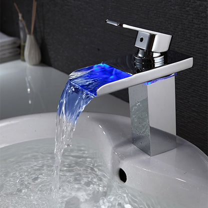 LED Waterfall Single-Hole Bathroom Faucet, Modern Single-Handle Brass Faucet, Chrome / Matte Black / Rose Gold / Polished Gold / Brushed Nickel / Brushed Gold / Matte White