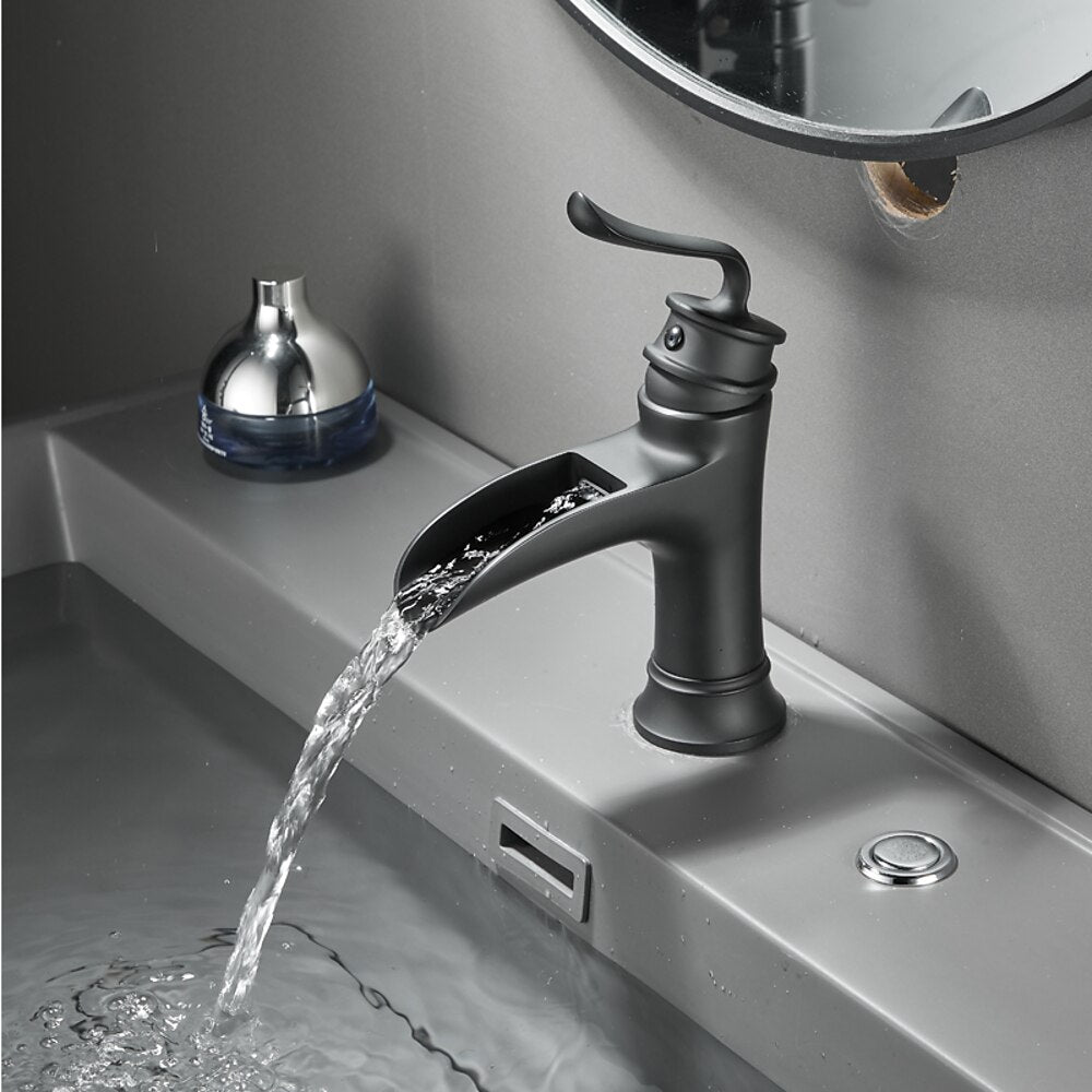 Waterfall Bathroom Faucet, Modern Single-Handle Brass Basin Faucet, Brushed Nickel / Matte Black