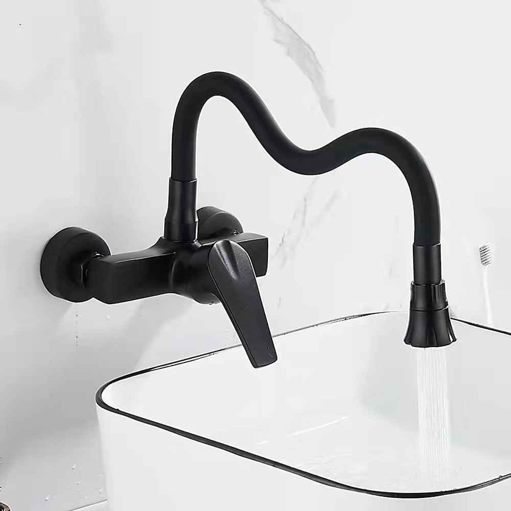 Matte Black Wall-Mount Kitchen Faucet, Single-Handle Bendable Spout Faucet