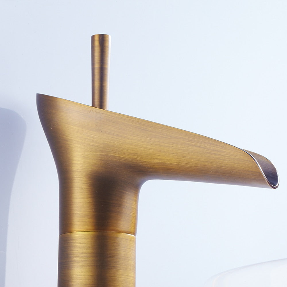 Waterfall High Arc Vessel Sink Faucet, Single-Handle Single-Hole Brass Faucet, Antique Brass / Brushed Gold / Oil-Rubbed Bronze / Brushed Nickel / Chrome