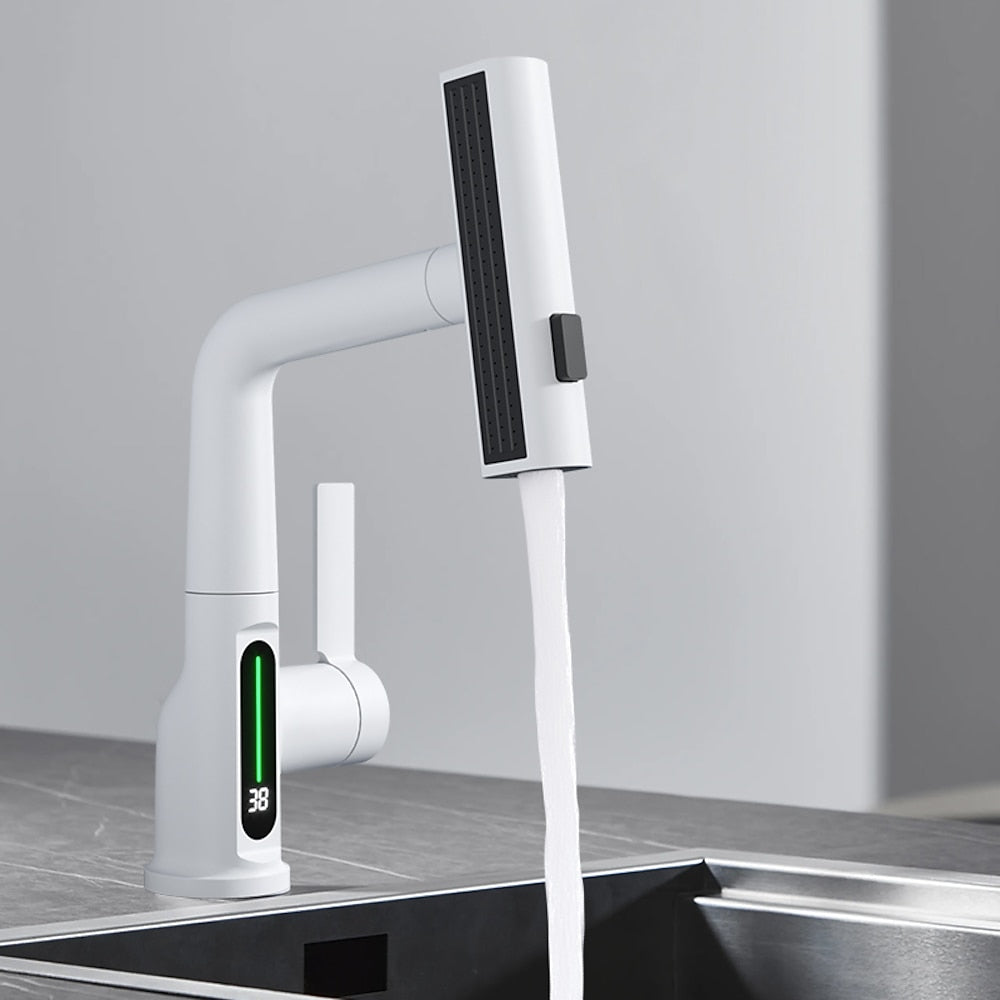 Modern LED Temperature Display Pull-Out Bathroom Faucet, Single-Handle Swivel Faucet, Matte Black / Chrome / Matte White / Gunmetal