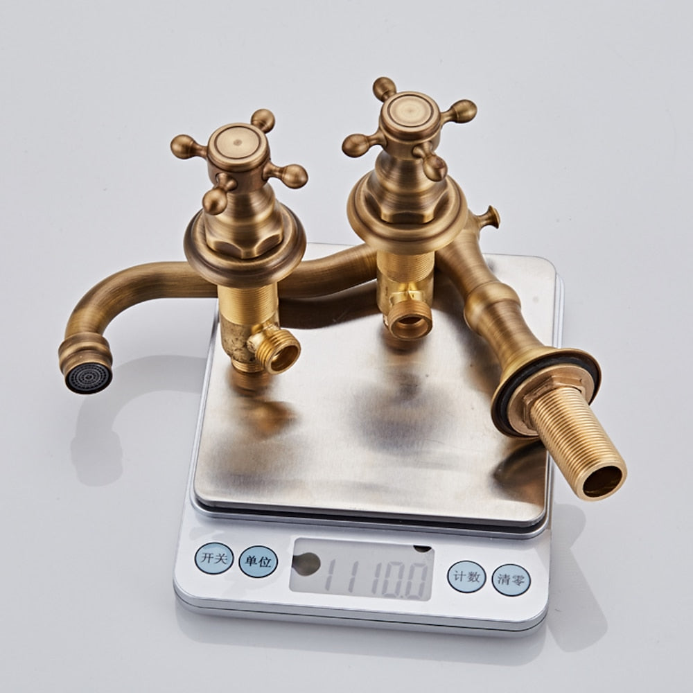 Traditional Antique Brass Widespread Bathroom Faucet, Dual Cross Handle Sink Faucet