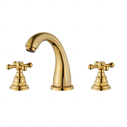 High Arc Brass Bathroom Sink Faucet, Double Cross Handle Widespread Faucet, Matte Black / Brushed Gold / Antique Brass