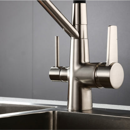 Modern Dual-Handle Kitchen Faucet with Pull-Down Sprayer, High-Arc Brass Faucet with Purified Water Spout, Chrome / Matte Black / Matte White / Brushed Nickel