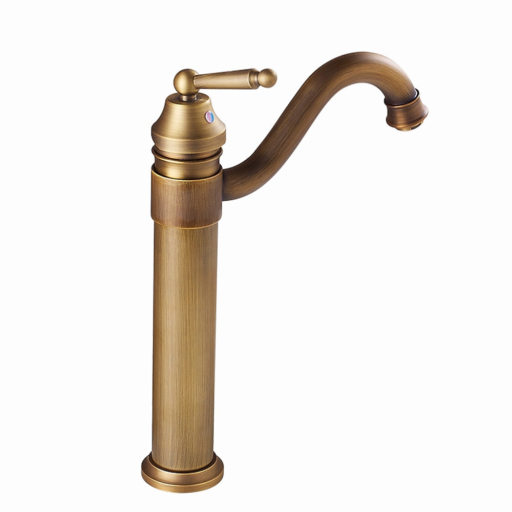 Rotatable High-Arc Vessel Sink Faucet, Single-Handle Vintage Brass Faucet, Antique Brass / Matte Black