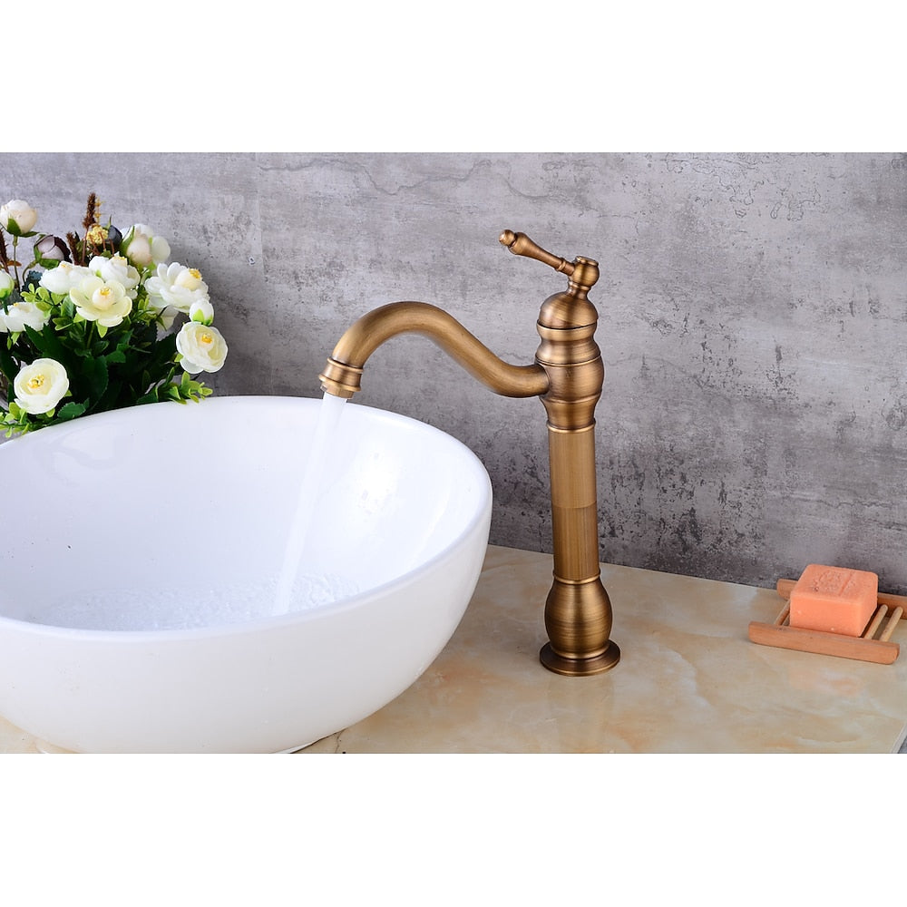 Antique Brass High-Arc Vessel Sink Faucet, Traditional Single-Handle Single-Hole Brass Faucet with Pop-Up Drain